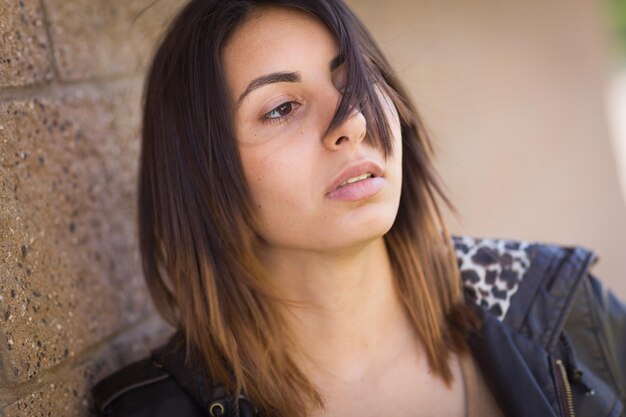 Beautiful Meloncholy Mixed Race Young Woman Portrait Outside