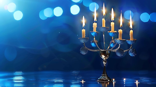 A beautiful menorah with six candles burning brightly against a shimmering blue background