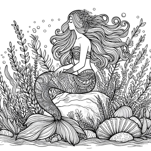 Premium Photo Beautiful mermaid coloring page design
