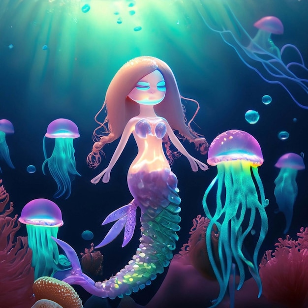 Beautiful mermaid girl with red long curly hair swims underwater in the ocean in a coral reef Gener