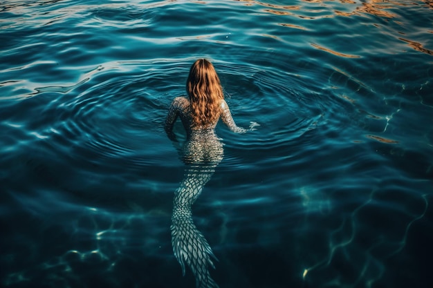 Beautiful mermaid swims in the blue sea