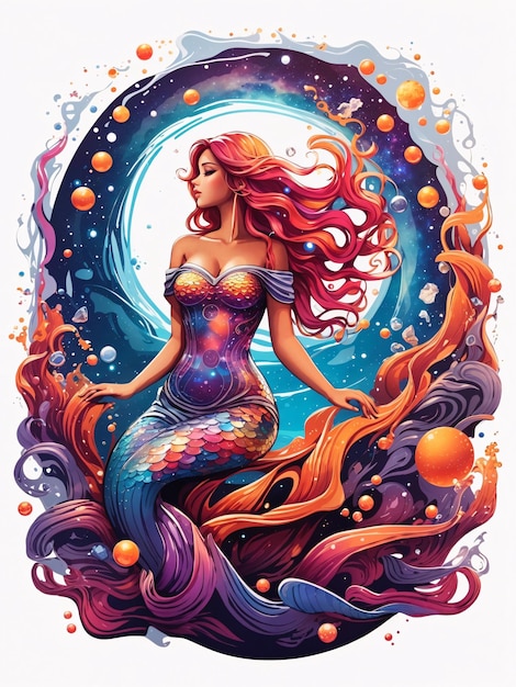 Beautiful Mermaid in Vibrant Colorful Vector Illustration for Tshirt Design