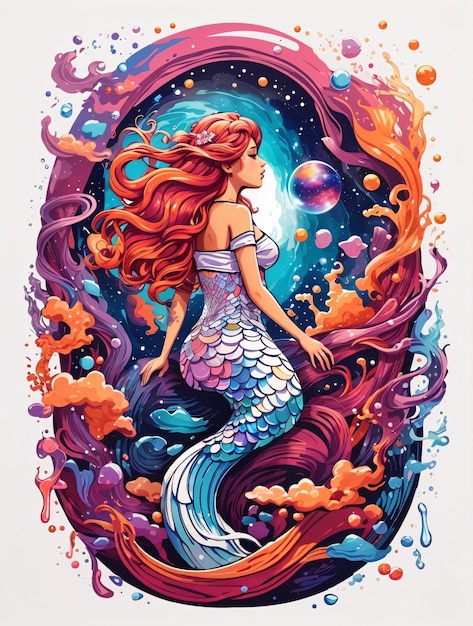 Foto bella sirena in vibrante illustrazione vettoriale colorato per tshirt design