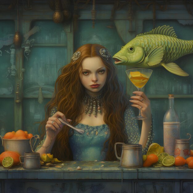 Beautiful mermaid with a glass of juice