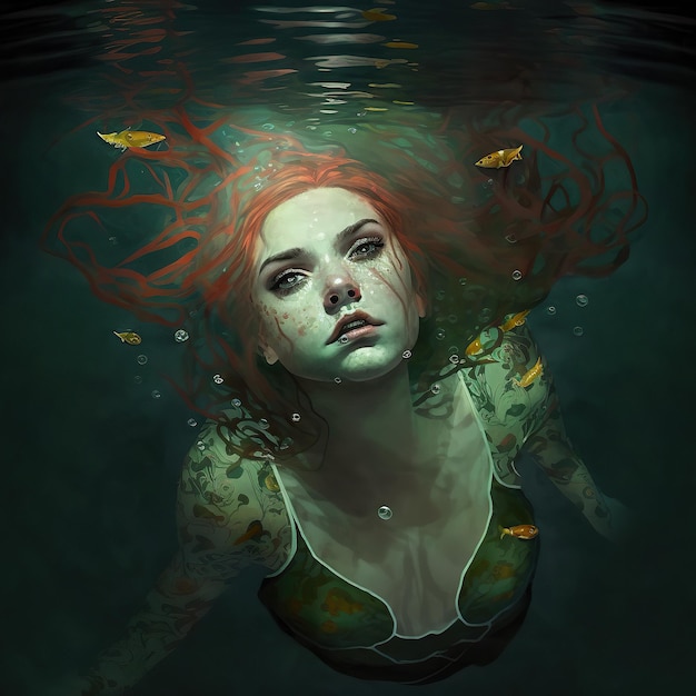 A beautiful mermaid with her head out of the water watching AI generated image