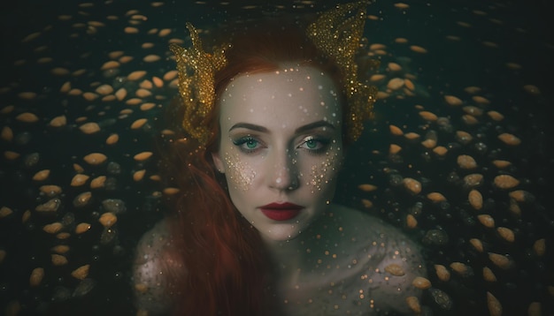 A beautiful mermaid with her head out of the water watching AI generated image