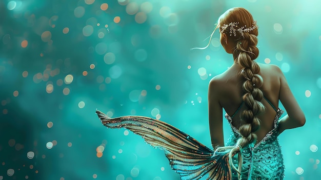 Photo a beautiful mermaid with long flowing hair and a shimmering tail swims gracefully through the ocean