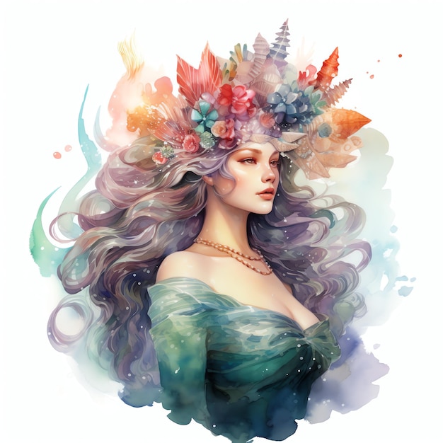 Foto bellissima sirena con una corona di conchiglie e un acquerello fantasy del mantello sotto l'illustrazione del mare
