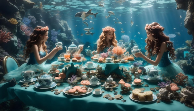 Beautiful mermaids in the underwater world 3d rendering