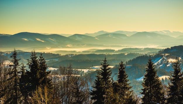 Beautiful mesmerizing panorama of a ski slope covered with snow