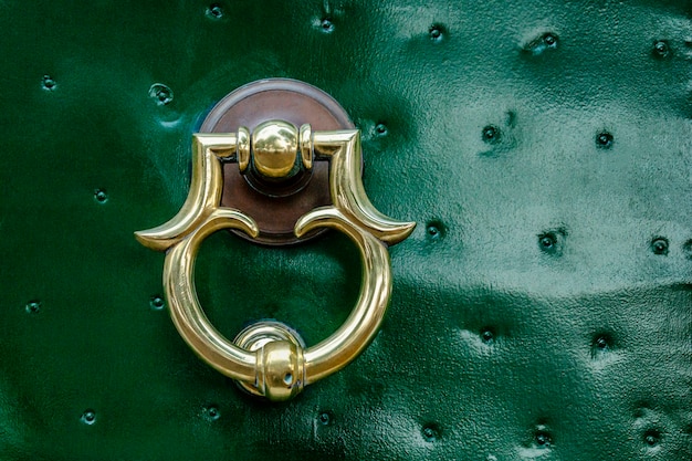 写真 緑の正面玄関の美しい金属製のハンドル。閉じる。