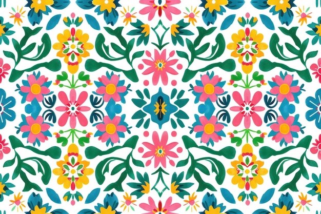 白い背景に鮮やかな色と伝統的なモチーフを持つ美しいメキシコの花のパターン