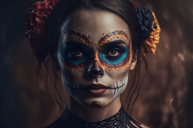 Beautiful Mexican girl with day of the dead makeup dia de muertos AIGenerated