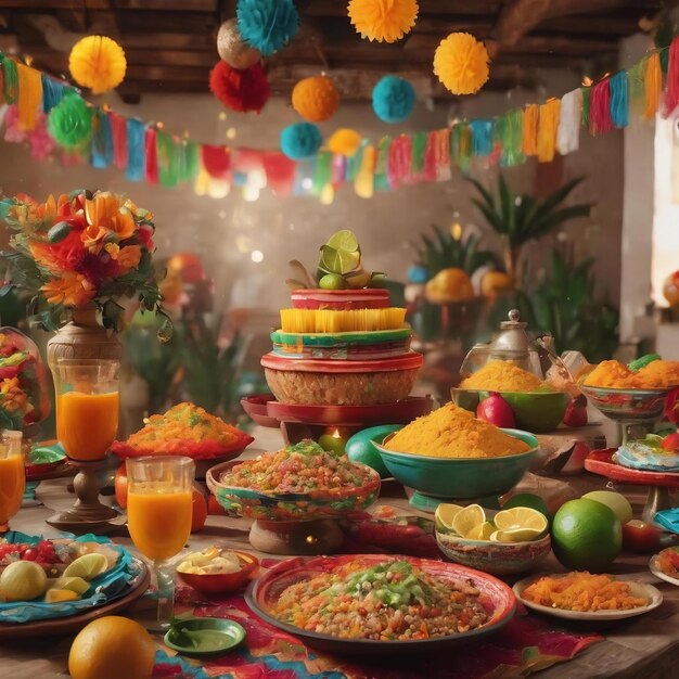 Beautiful mexican party decoration with food