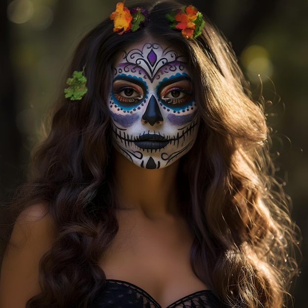 beautiful Mexican woman painted as a Sugar Skull on Dia De Los Muertos