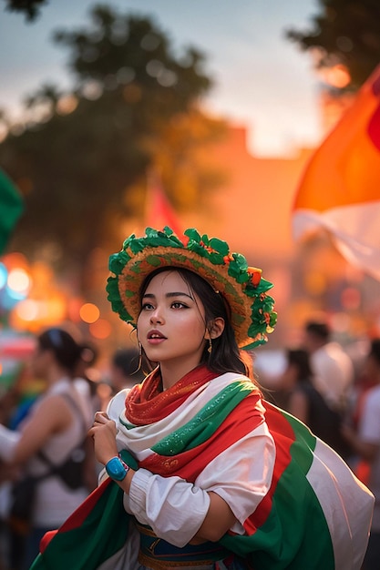 Beautiful Mexican Woman with Traditional Clothes Celebrating independence day Mexican Culture