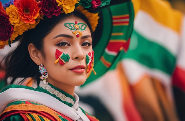 Beautiful Mexican Woman with Traditional Clothes Celebrating independence day