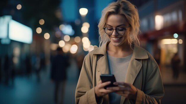 비즈니스 센터 밖에서 휴대전화로 걷고 문자 메시지를 보내는 아름다운 중년 여성