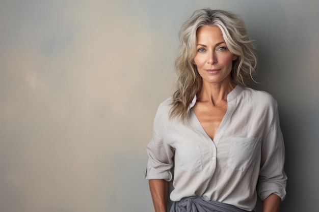 Beautiful middle aged woman leaning against a white wall