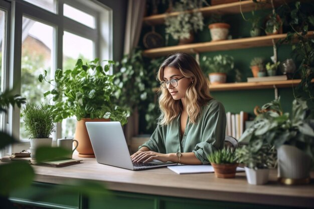 Beautiful Middle Eastern Manager Sitting at a Desk in Creative Office Young Stylish Female with Curly Hair Using Laptop Computer in Marketing Agency Colleagues Generative AI