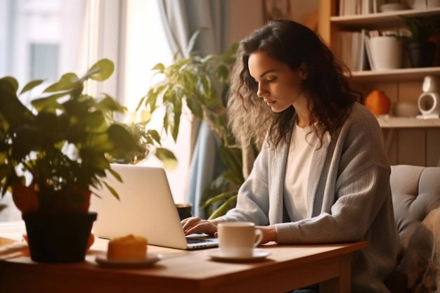 Beautiful Middle Eastern Manager Sitting at a Desk in Creative Office Young Stylish Female with Curly Hair Using Laptop Computer in Marketing Agency Colleagues Generative AI