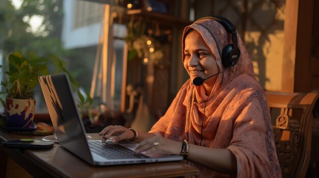 Beautiful Middle Eastern Manager Sitting at a Desk in Creative Office Young Stylish Female with Curly Hair Using Laptop