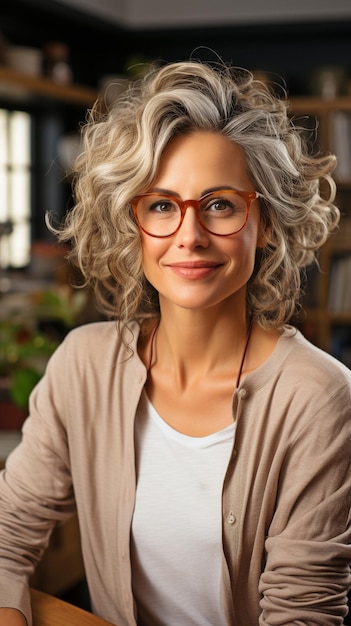 Beautiful middleaged woman enjoying a picture session in a contemporary cosy living room while sitting on a couch and grinning at the camera