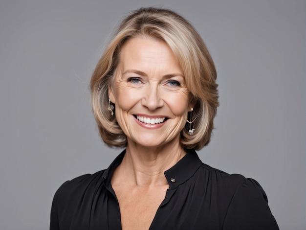 Beautiful middleaged woman on a gray background in a black blouse smiling