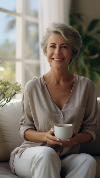 A beautiful middleaged woman is sitting on a couch and holding a cup of tea