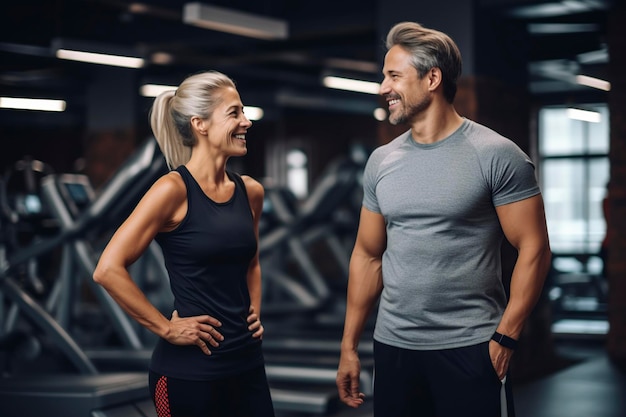 beautiful middleaged woman smiling standing in the gym talking