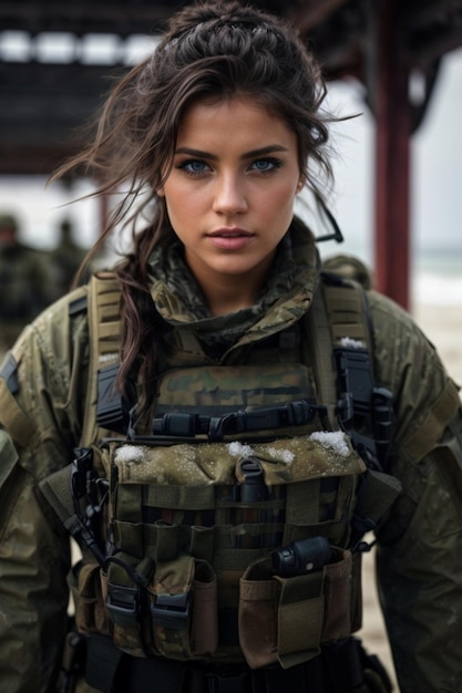 Photo beautiful military woman in winter