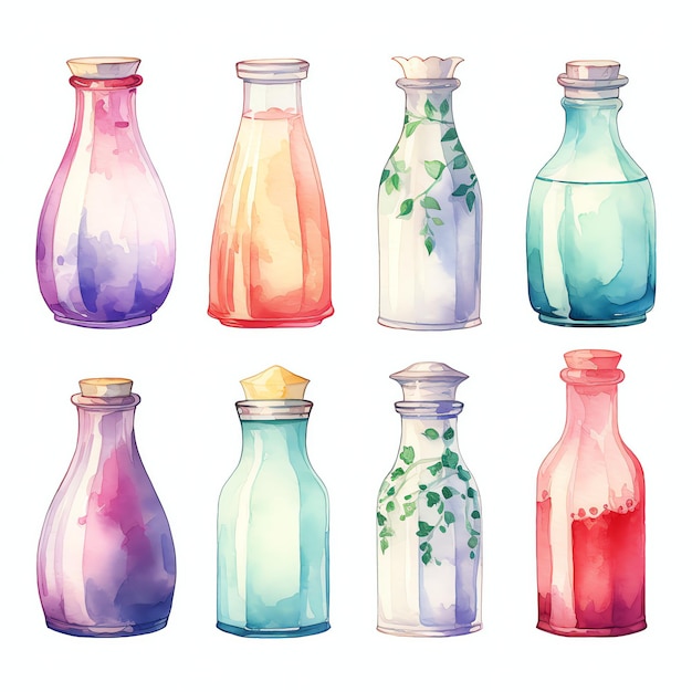 Photo beautiful milk bottles watercolor vintage country kitchen clipart illustration