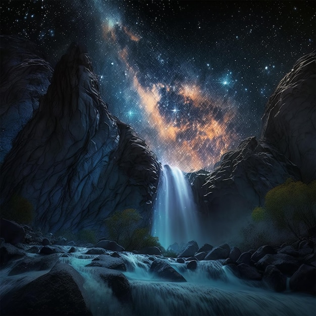 Beautiful milky way and night waterfall