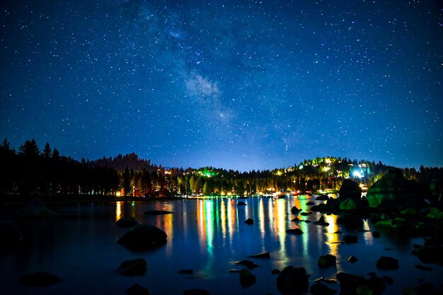 The beautiful milky way sky and colorful lights gleaming over  a beautiful lake