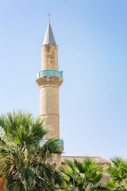 A beautiful minaret with palm trees in the foreground against a clear blue sky Vertical