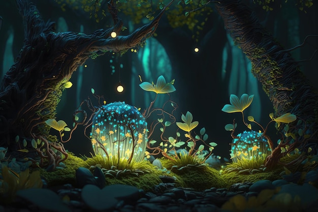 Beautiful miniature fairytale enchanted forest trees mushrooms elves rivers plants fireflies Digital painting