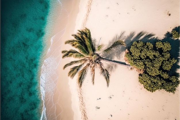 Beautiful minimalist beach with palm tree sea Drone Aerial Photo Generative AI