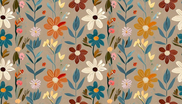 Photo beautiful minimalist seamless pattern with cute colorful abstract flowers stock print illustration p...