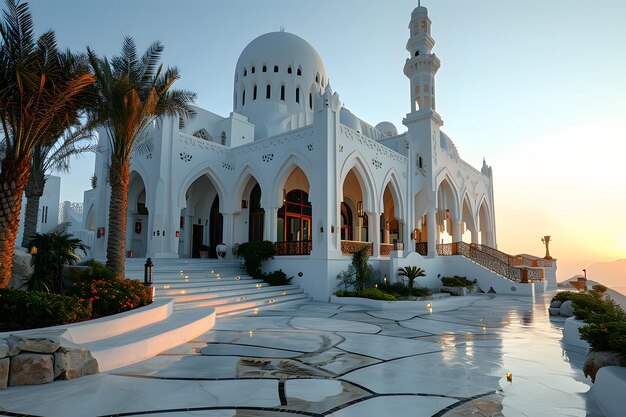 Beautiful minimalist white mosque in the desert with palm tree and sky views generative ai