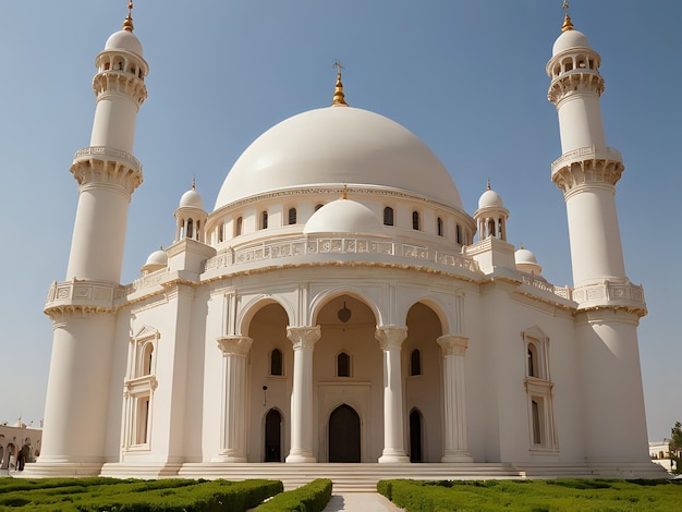 A beautiful minimalist white mosque with clear weather Islamic images Copy Space