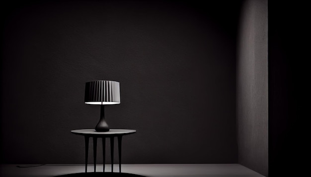 Beautiful minimalistic presentation background with a table and a white lamp against a black textured wall Generate Ai