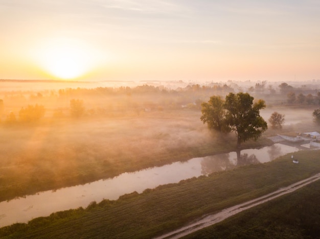 Beautiful misty dawn in the spring on the river