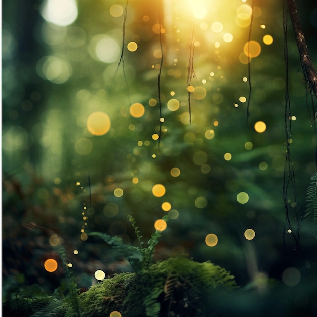 Beautiful misty forest at sunrise bokeh effect