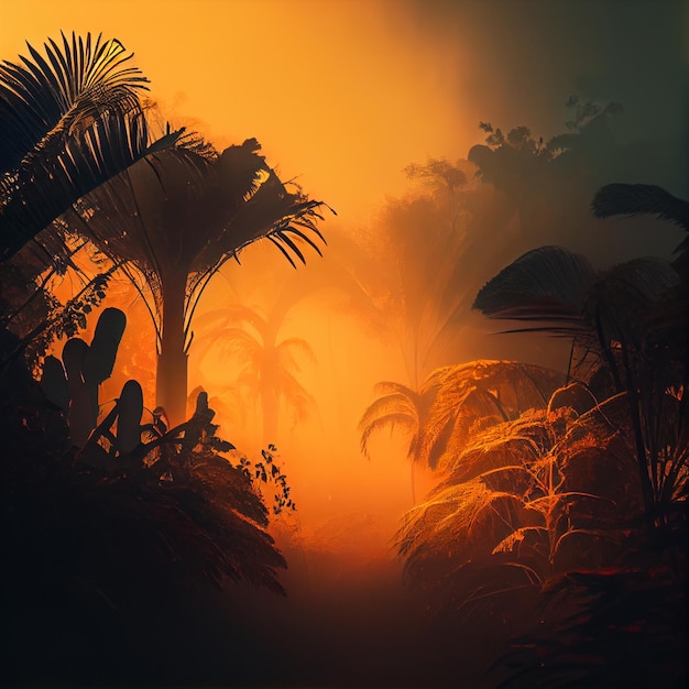일몰 또는 일출의 아름다운 안개 낀 정글 숲 풍경 Generative AI