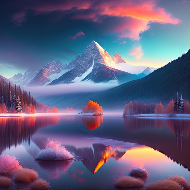 Beautiful misty lake in the mountains landscape fantasy winter mountains landscape
