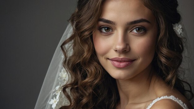 A beautiful mixed brown hair looking young woman in the age of 26 wearing a bridal gown she has bea