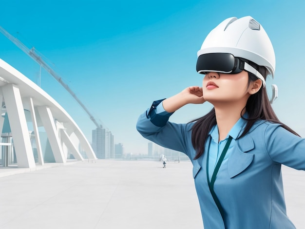 Beautiful mixed race asian chinese model wearing vr device viewing full building construction