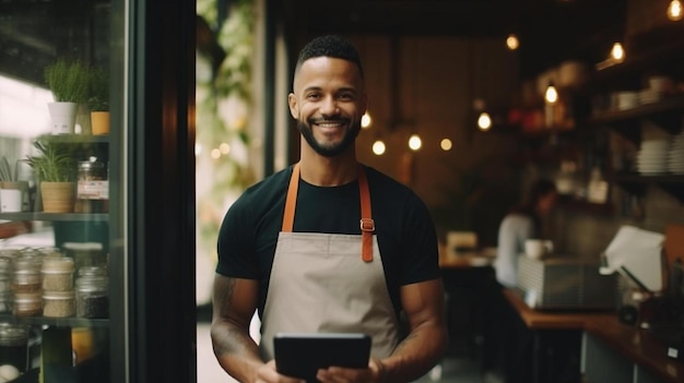 beautiful mixed race woman with an afro hairstyle holding a digital tablet while standing in the