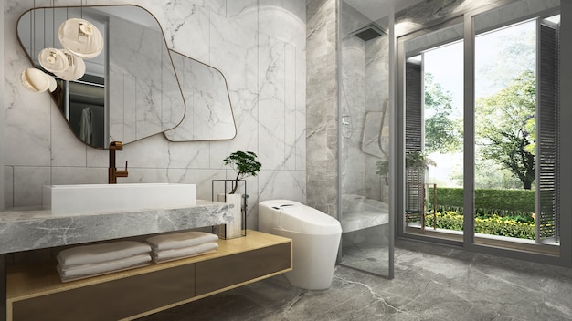 The beautiful mock up modern house mock up and interior design of bathroom and marble wall background and garden view