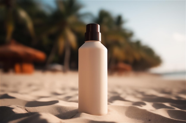 Beautiful mockup of sunscreen lotion and sunblock cream on a sandy beach with palm trees